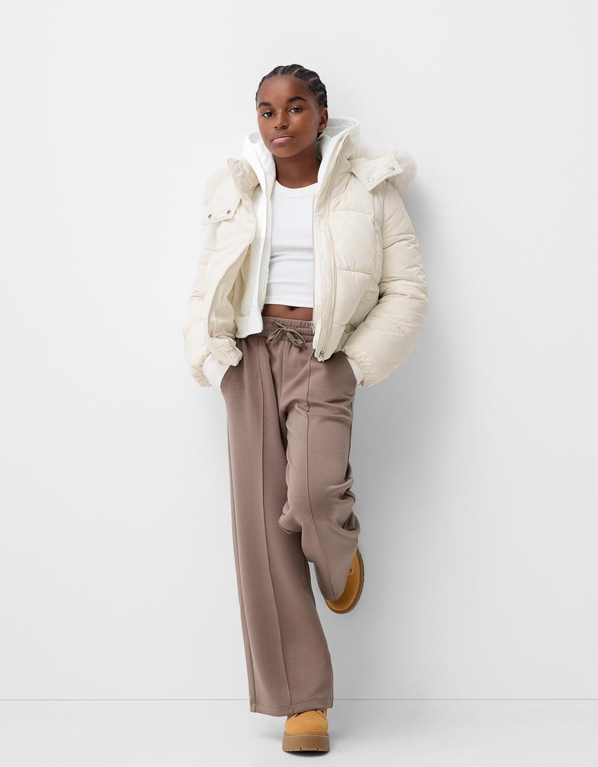Puffer jacket with faux fur hood-Cream-3