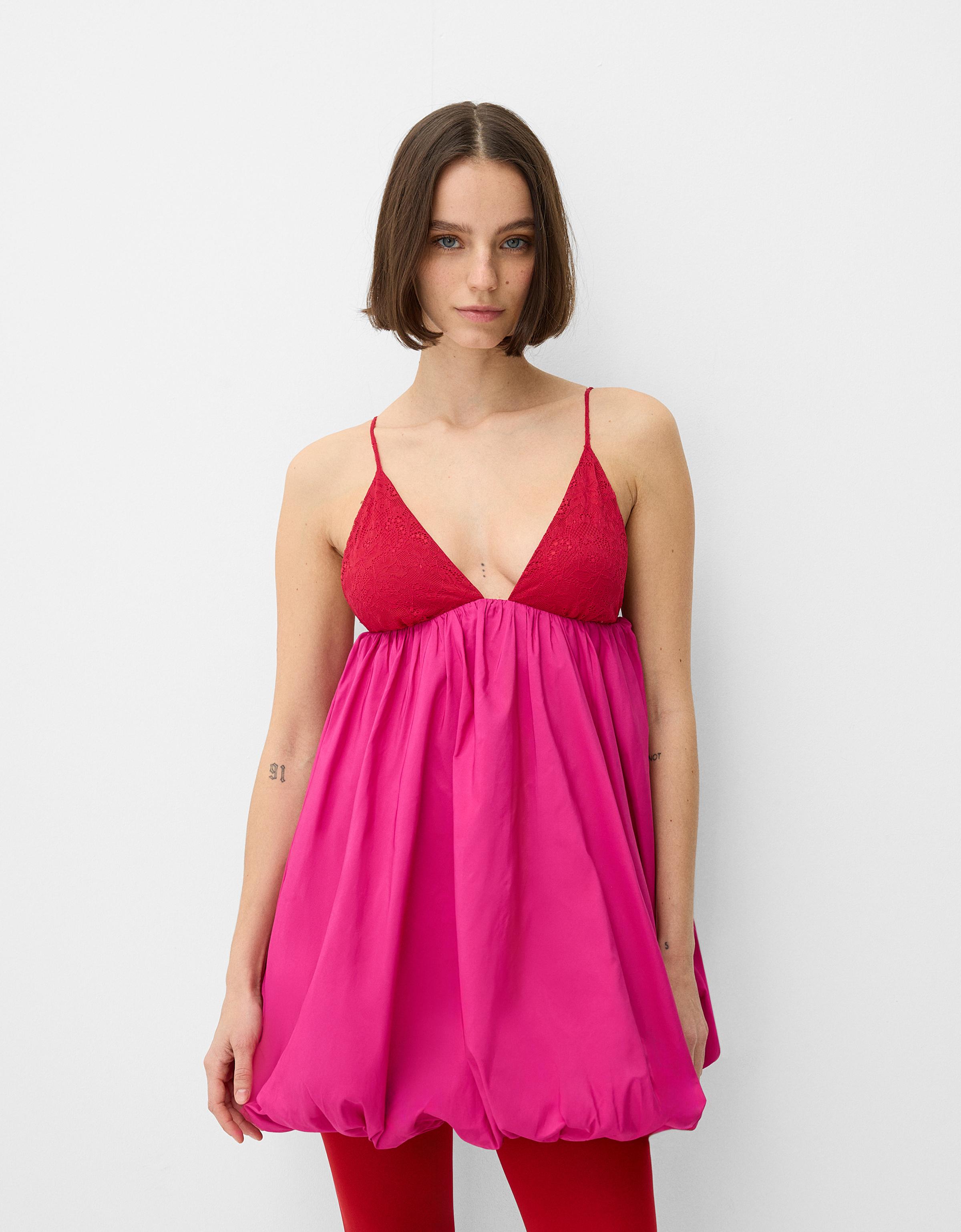 Bershka Minikleid Im Ballonärmel-Stil Mit Trägern Damen L Fuchsia