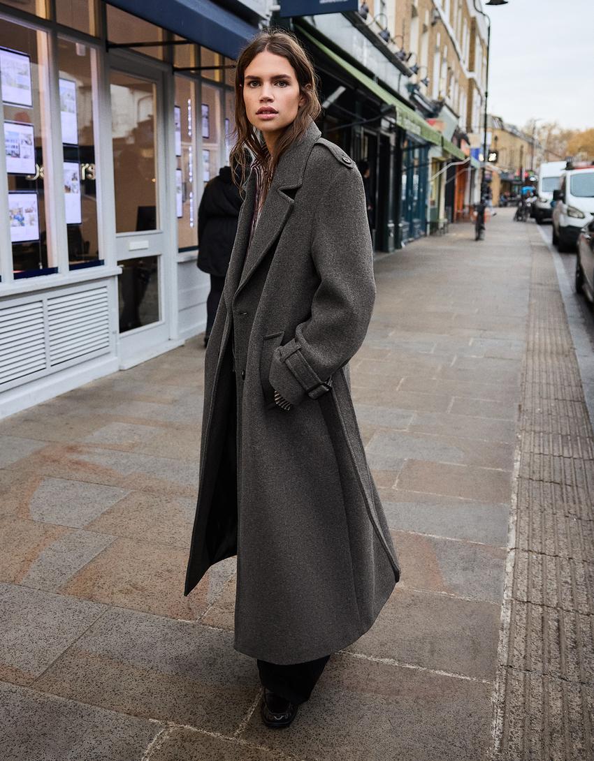 Sobretudo trench com lã oversize-Cinza
