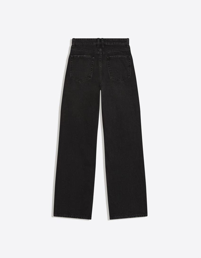 Jeans a gamba larga vita alta strappati-Nero
