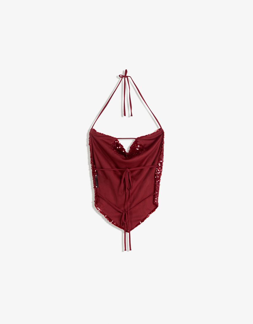 Draped sequin halter top-Red