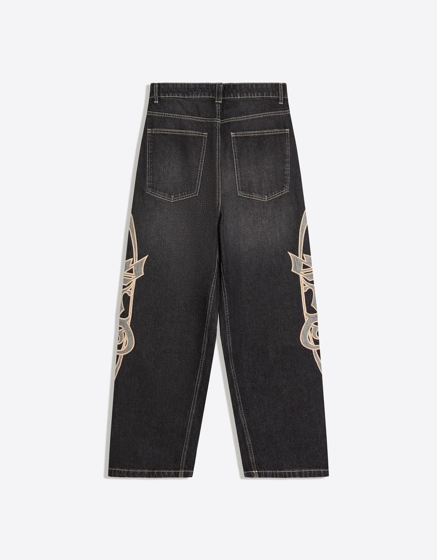 Super Baggy Jeans mit seitlichen Patches-Schwarz
