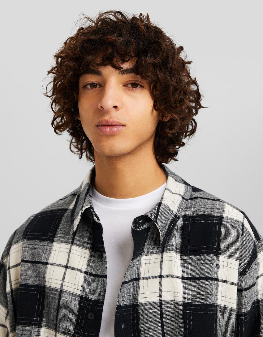 Cropped long sleeve check shirt-Black