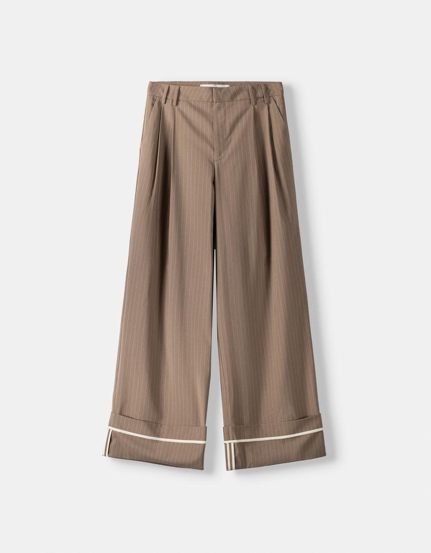 Calças wide leg com pinças-Bege escuro-5
