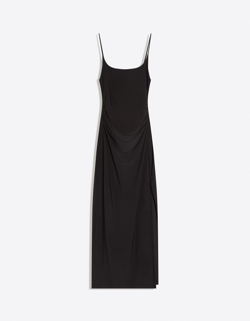 Vestido midi tirantes fruncido-Negro