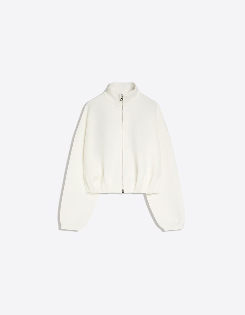Neoprene effect balloon zip-up sweatshirt-Cream