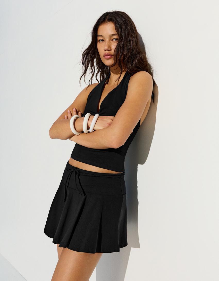 Mini skorts with tie waist-Black