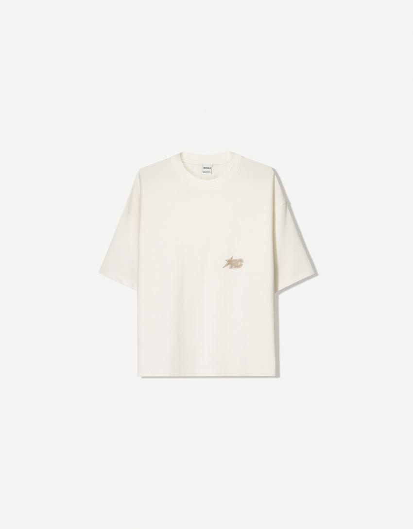 Textured short sleeve boxy fit T-shirt with embroidery-Off white