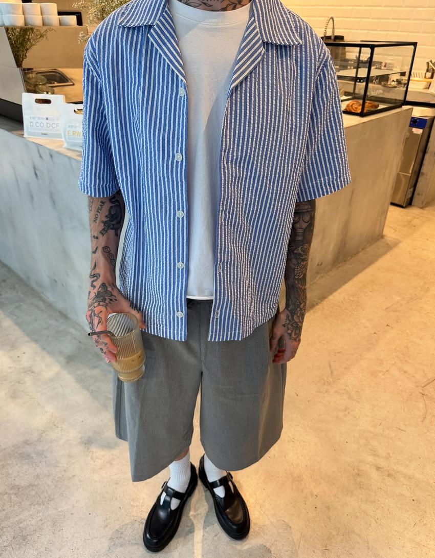 Camicia a maniche corte a righe-Azzurro-1