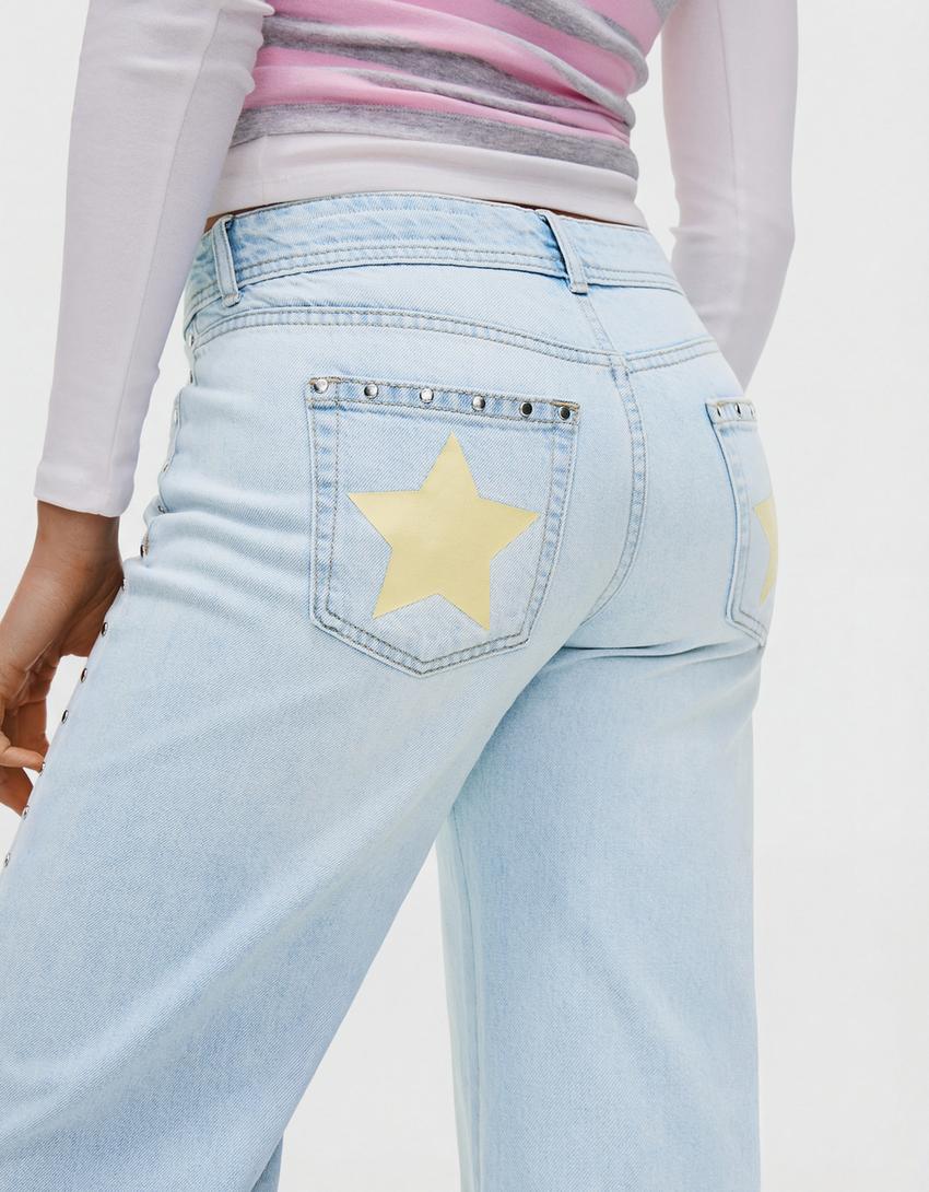 Jean baggy taille basse à clous-Bleu lavé