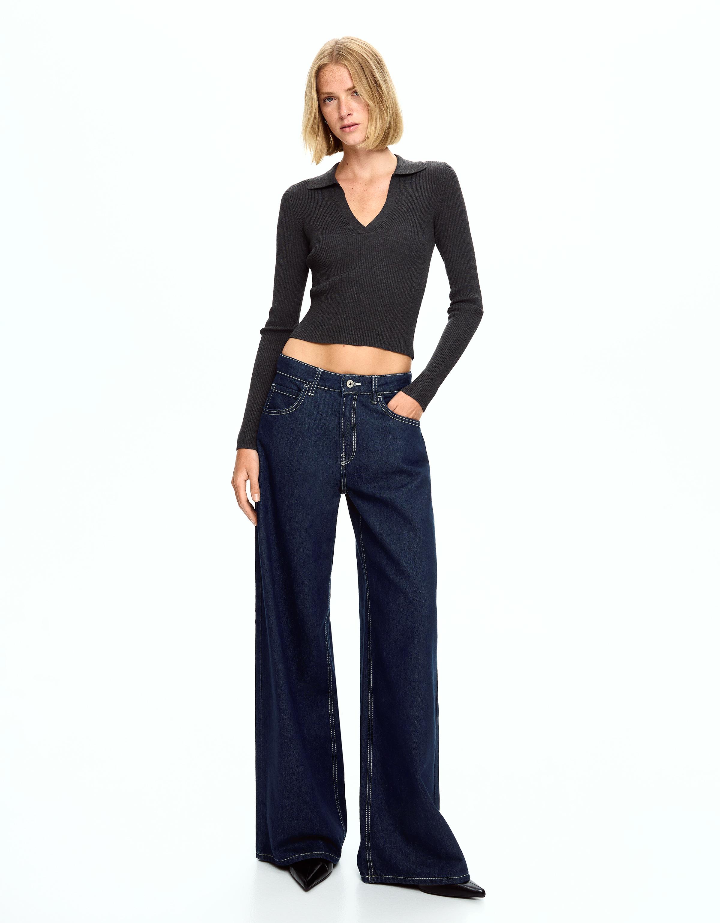 Bershka Jeans Mit Weitem Bein Damen 10-12 Marinenblau