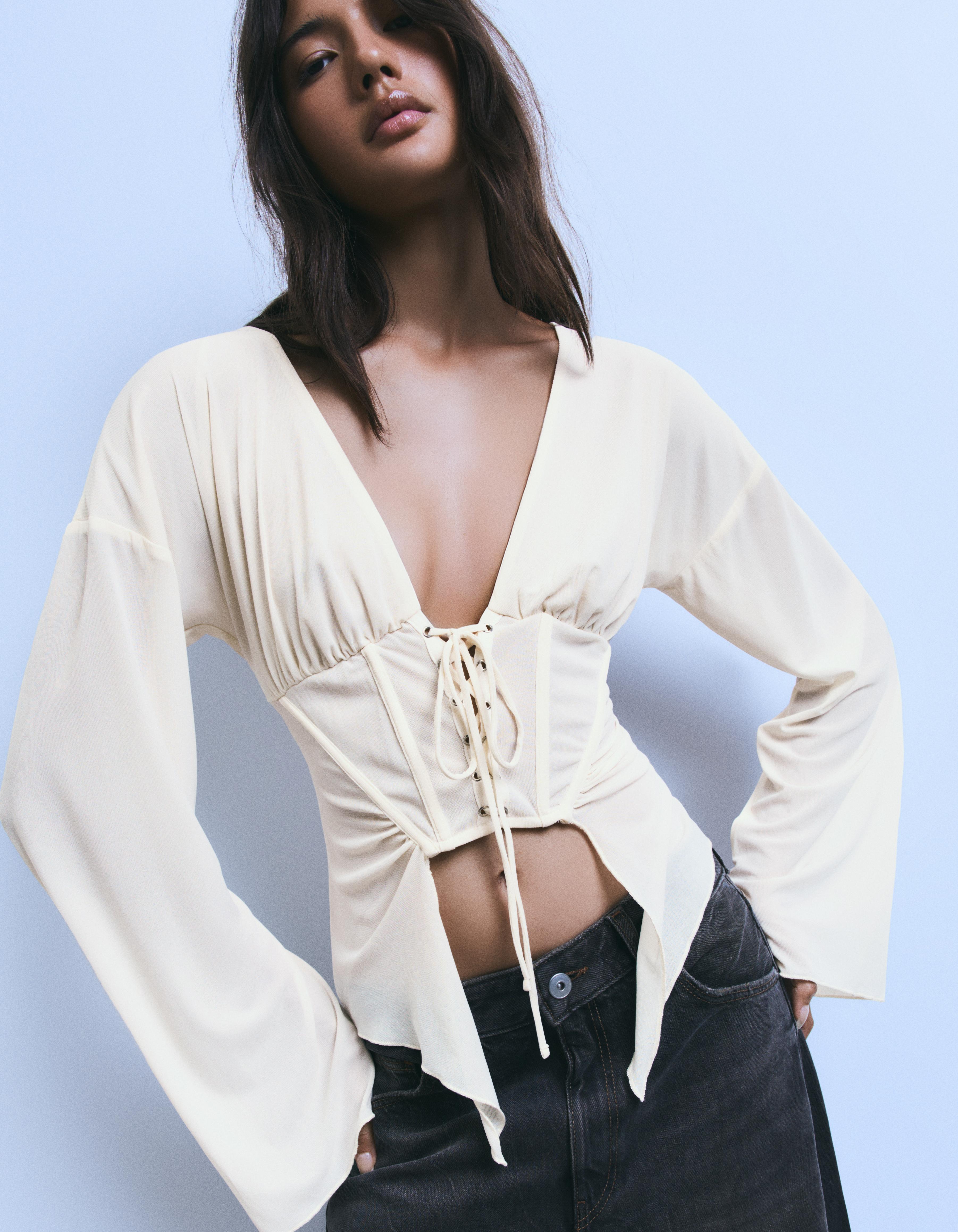 Long sleeve corset-effect T-shirt — Cream