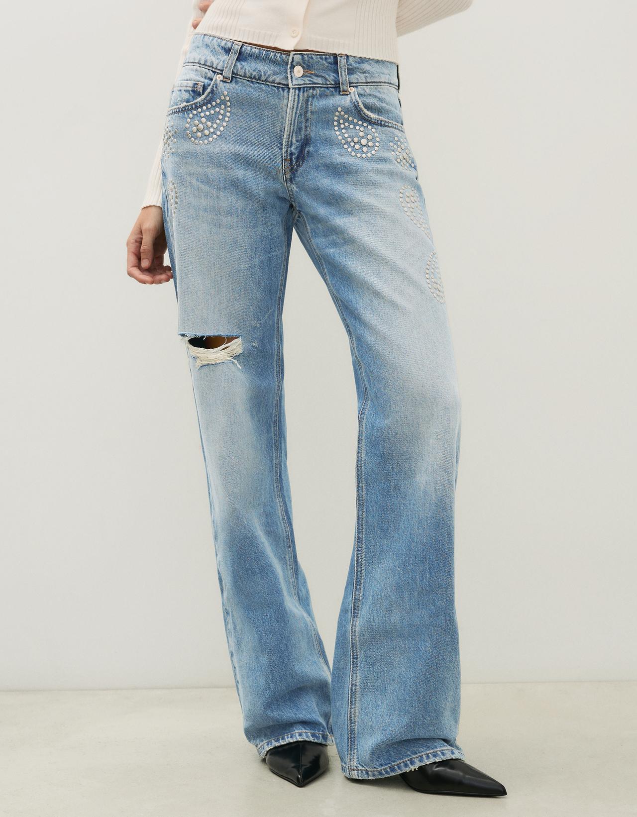 Mid-waist straight-leg studded jeans — Light blue