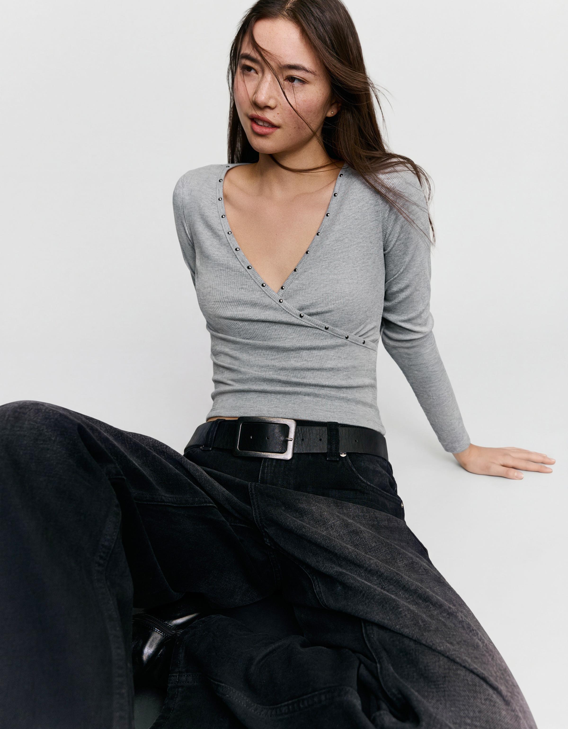 Long-sleeved studded T-shirt — Grey