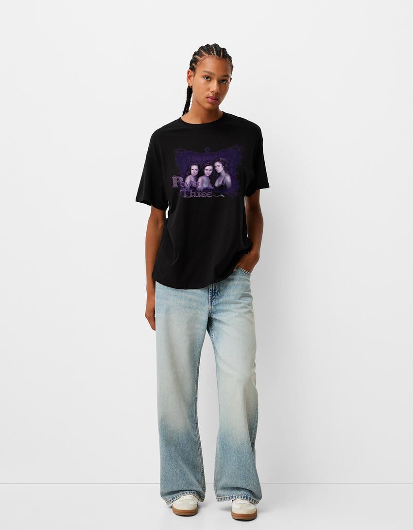 Koszulka oversize z krótkim rękawem i nadrukiem Charmed-Czarny-4