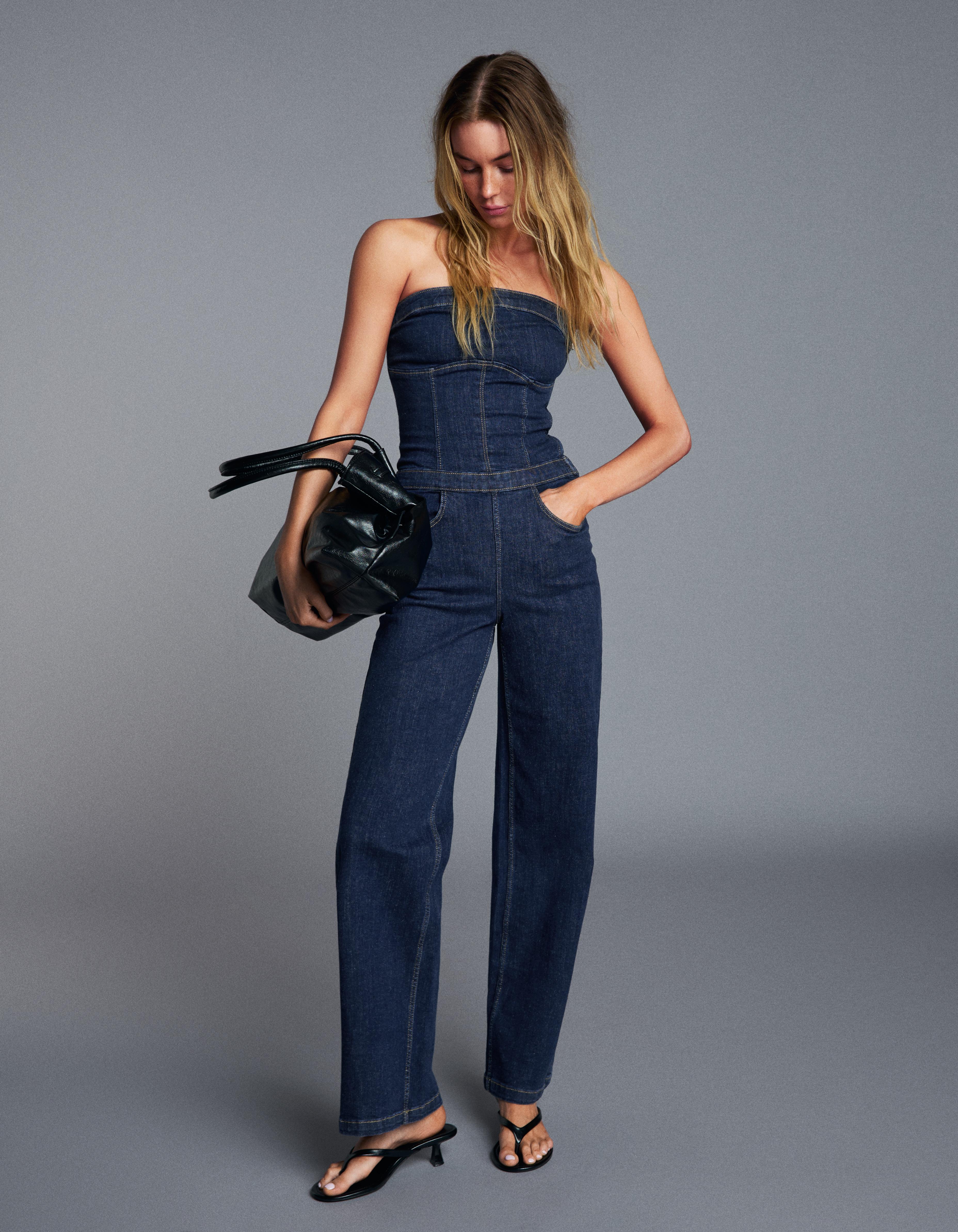 Bershka Mono Largo Denim Bandeau Mujer L Azul
