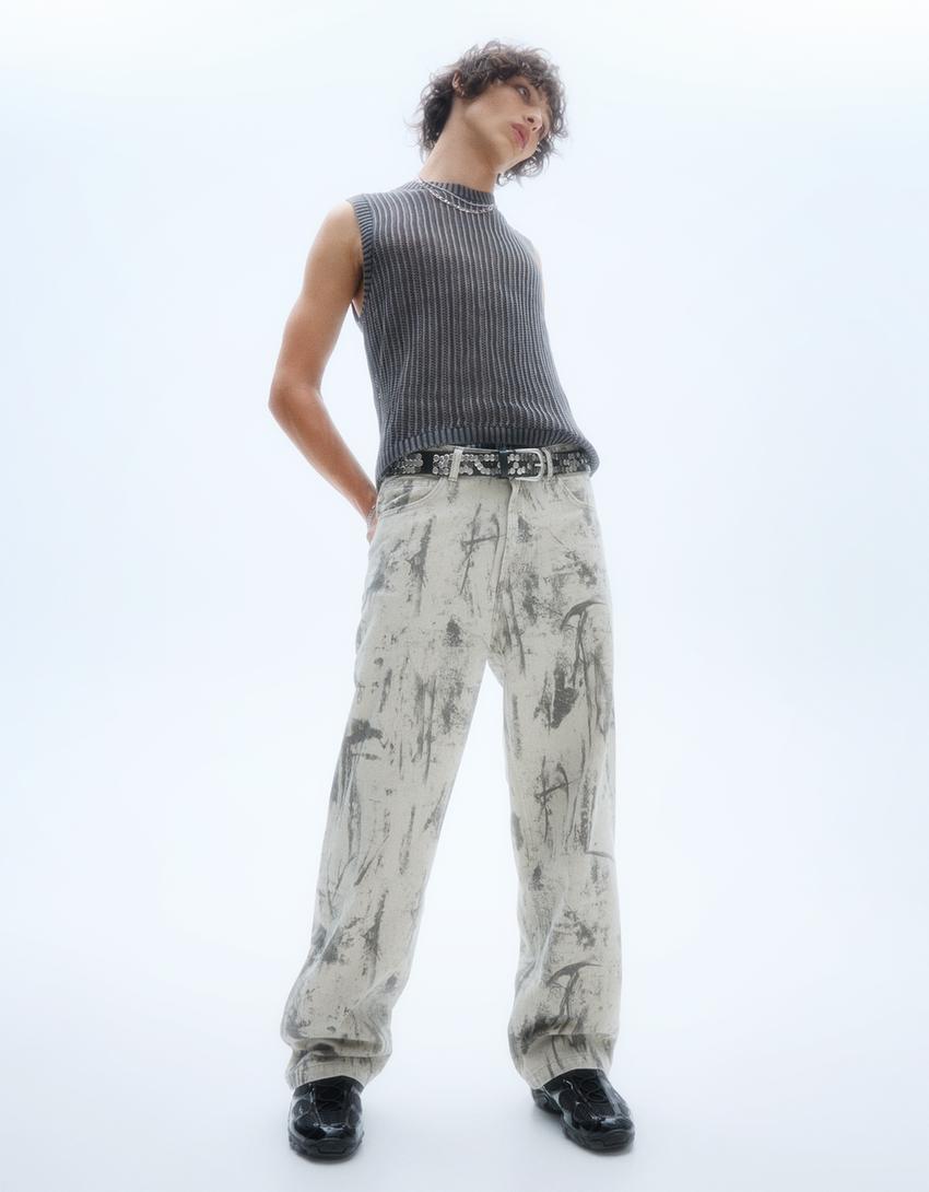Baggy jeans met print-Groen-3