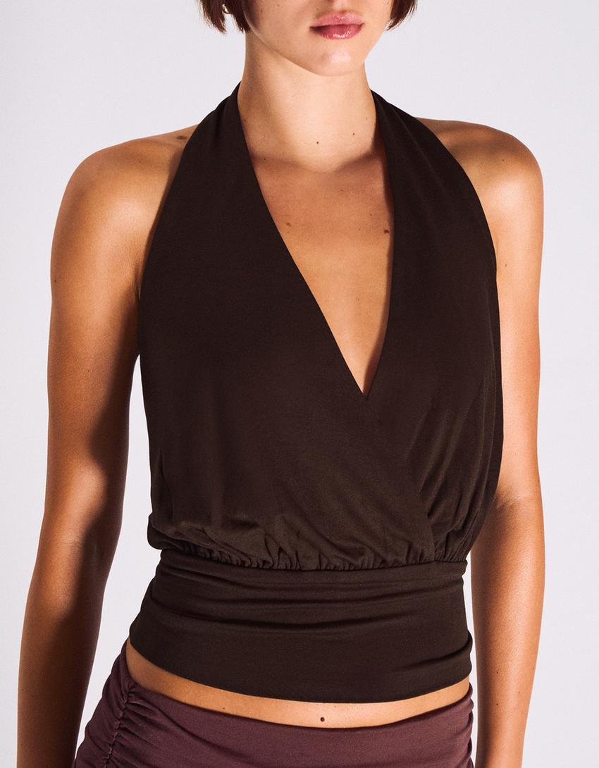 Ruched crossover top with sash-Brown