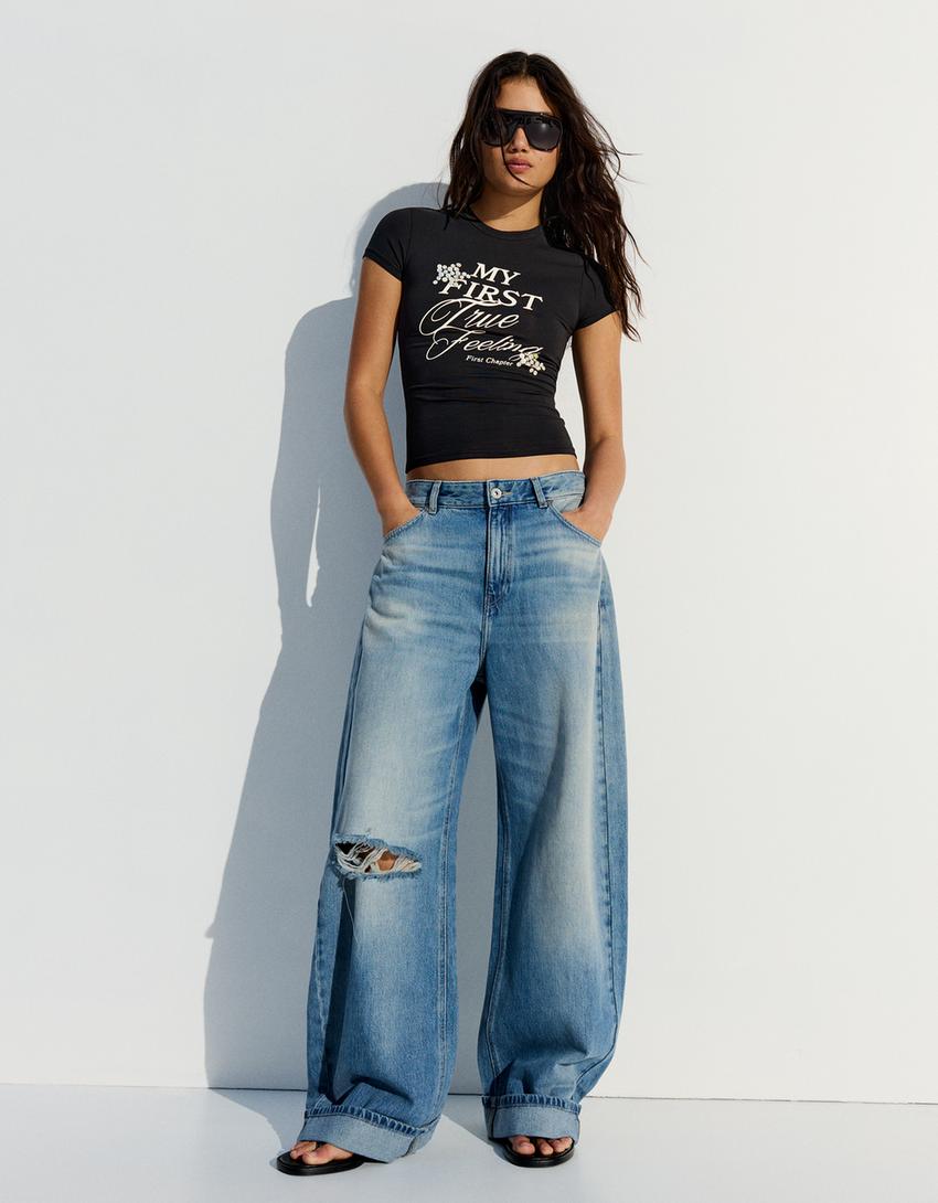 Kısa kollu baskılı tişört-Denizci mavisi