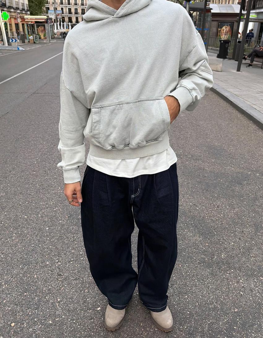 Boxy fit kapüşonlu yıkamalı sweatshirt-Gri