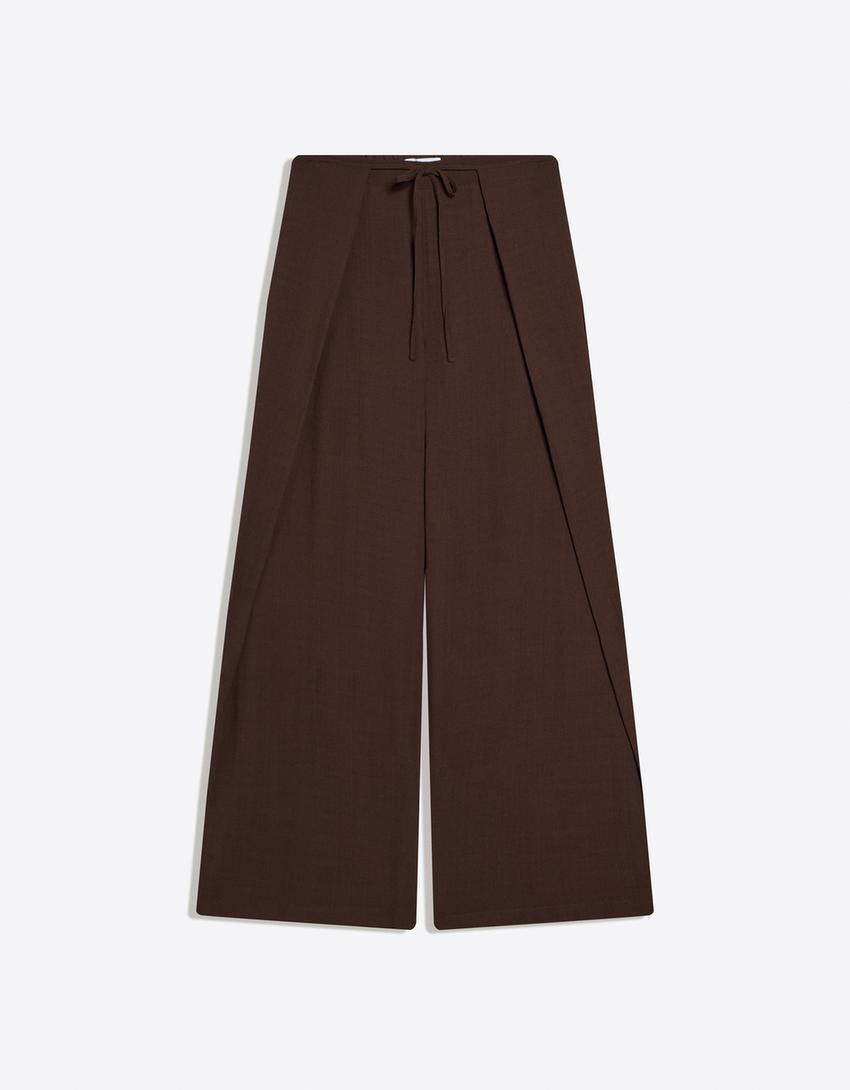 Rustic wide-leg trousers with pleats-Brown