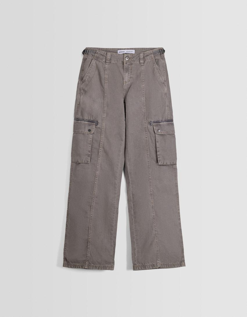 Calças straight cargo ajustáveis algodão-Cinzento-escuro-4