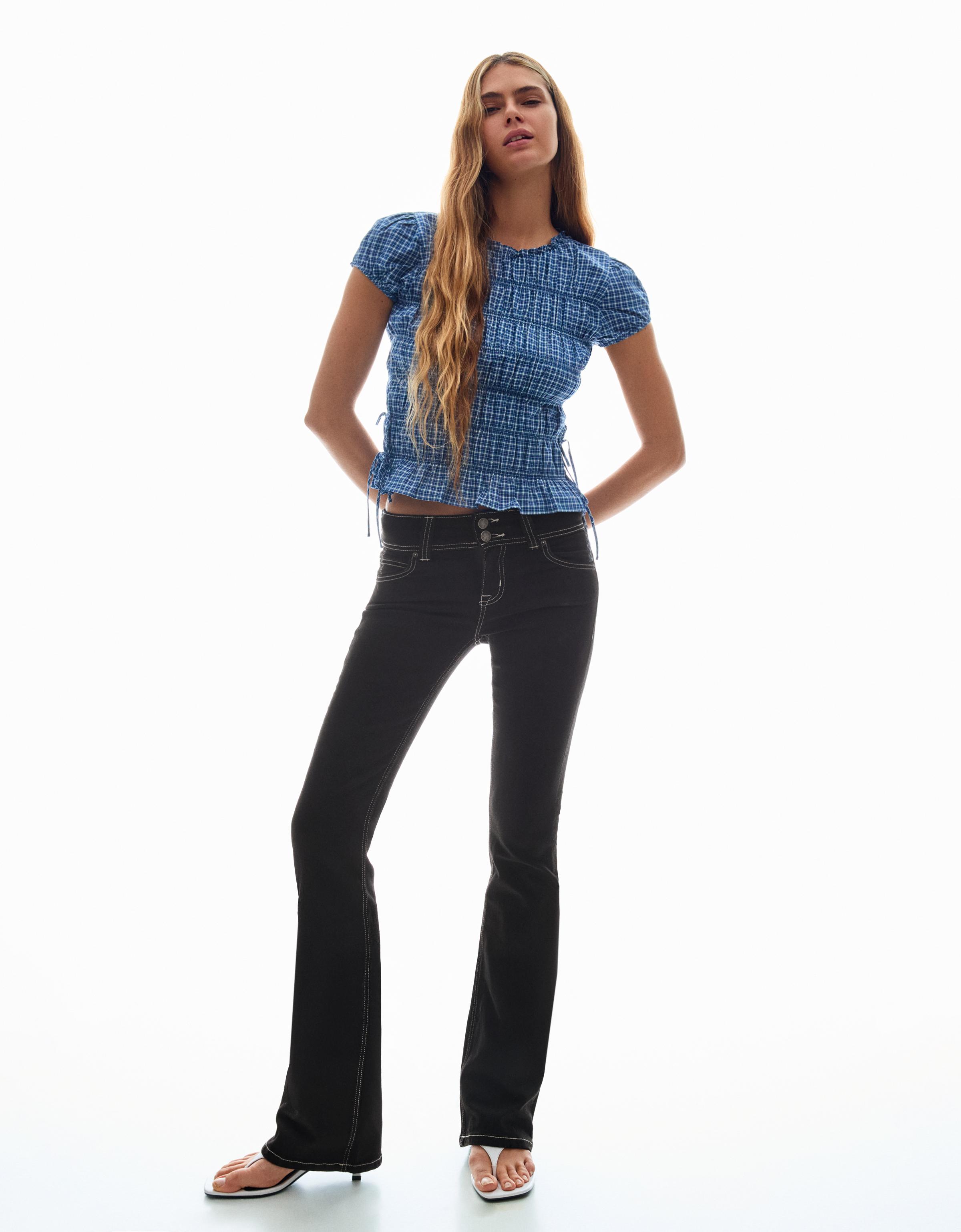 Bershka Jeans Bootcut Tiro Bajo Flaps Mujer Gris