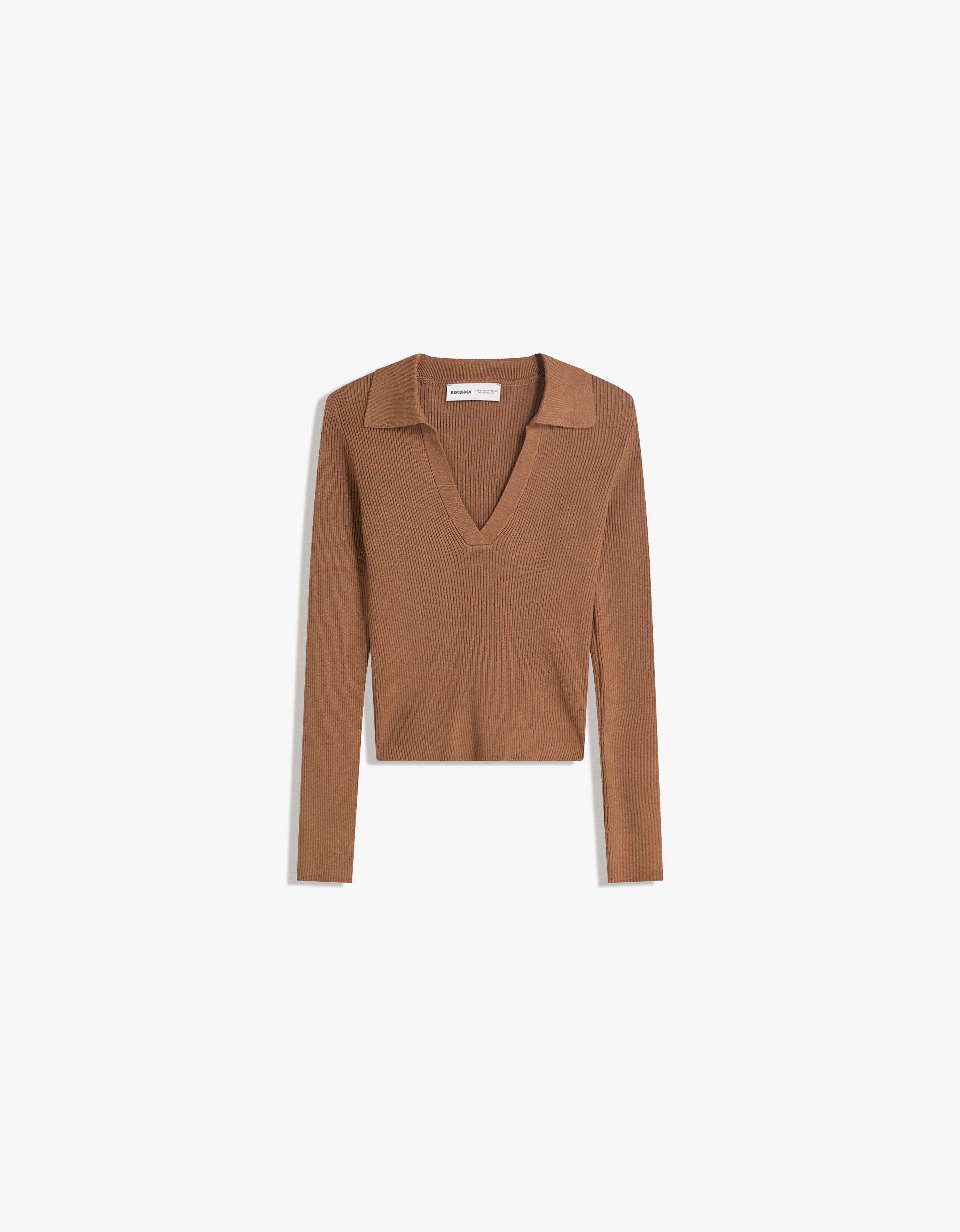 Bershka Rippstrick-Pullover Mit Polo-Kragen Damen L Braun