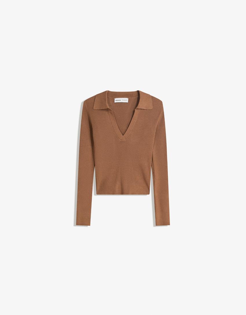 Ribbed polo collar sweater-Brown