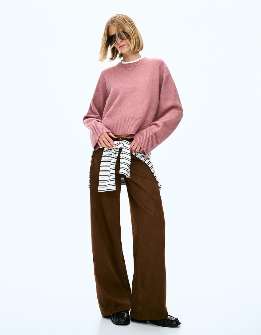 Oversize sweater with ribbed hem-Pink