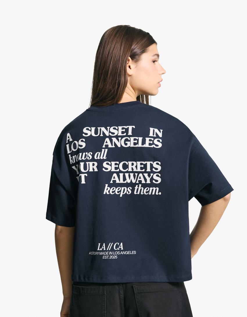 T-shirt Boxy fit à manches courtes imprimé-Marine