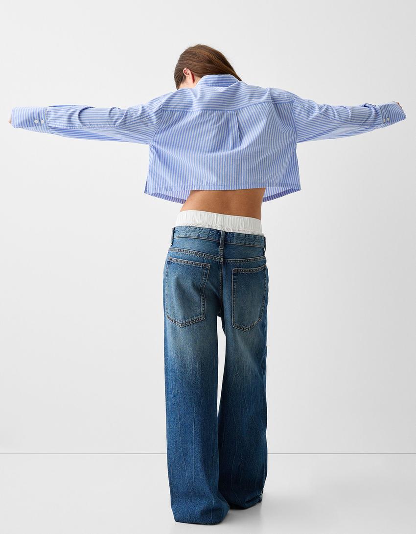 Long sleeve cropped poplin shirt with pocket-Blue