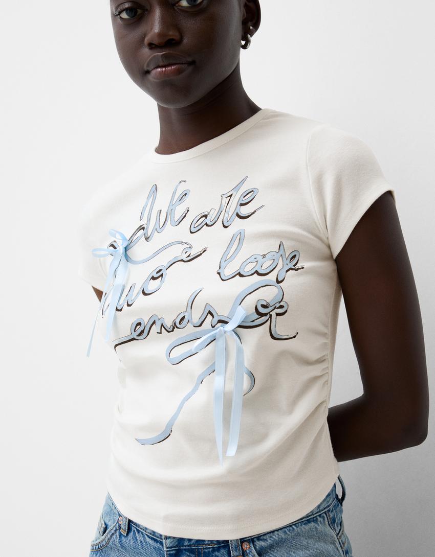 تيشرت بأكمام قصيرة وتفاصيل عقدة-أبيض مطفي-5