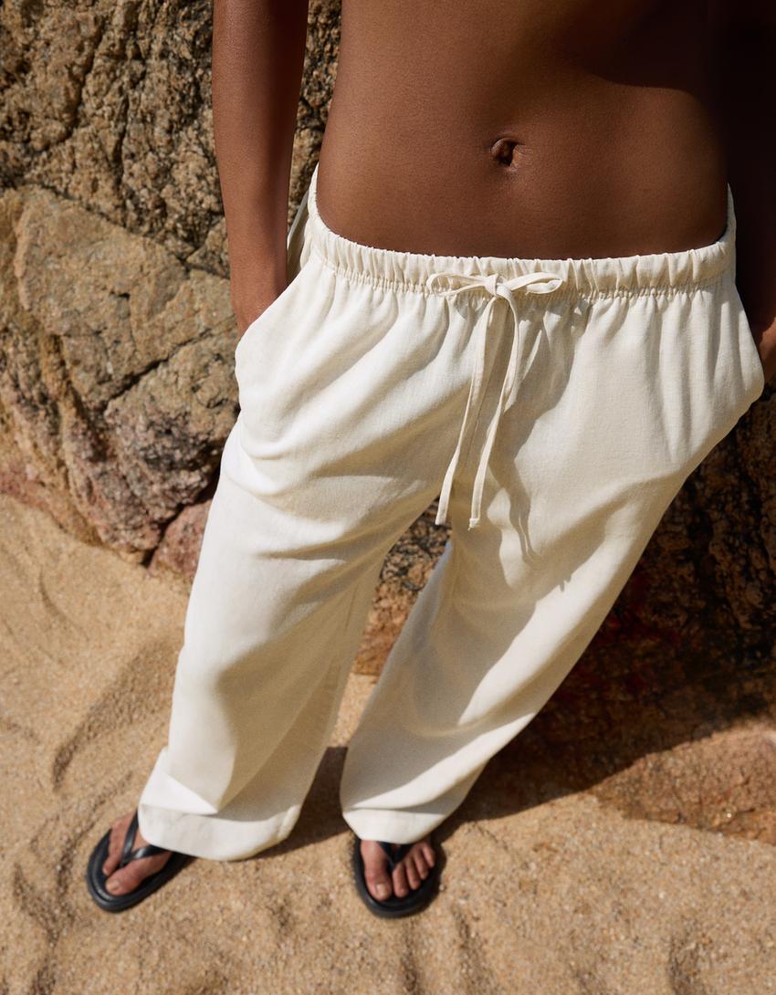 Pantalón con lino goma cintura-Arena-1