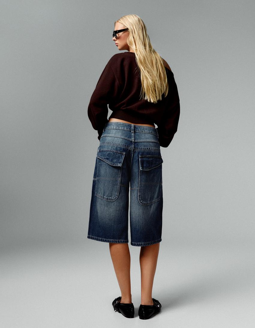 Bermuda in denim lungo con tasche-Blu