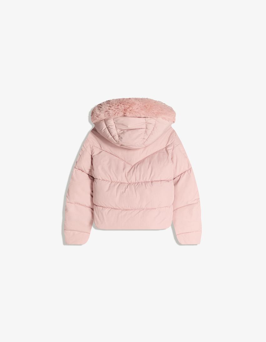 Blusão puffy impermeável com capuz e pelo-Rosa
