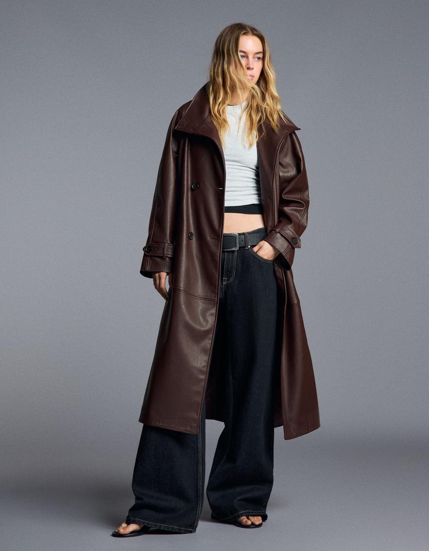 Long faux leather belt trench coat with funnel neck-Burgundy