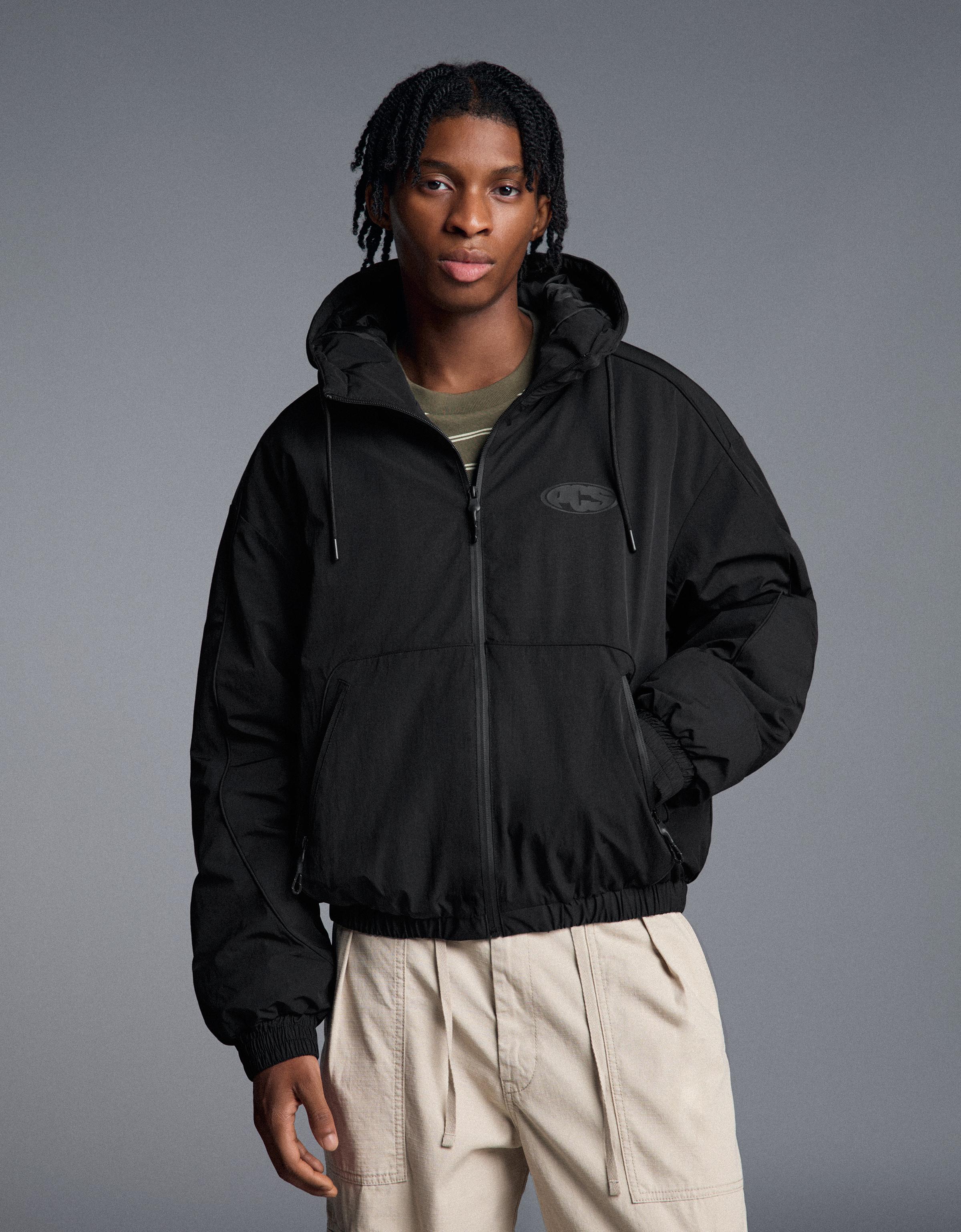 Bershka Cazadora Técnica Capucha Hombre L Negro