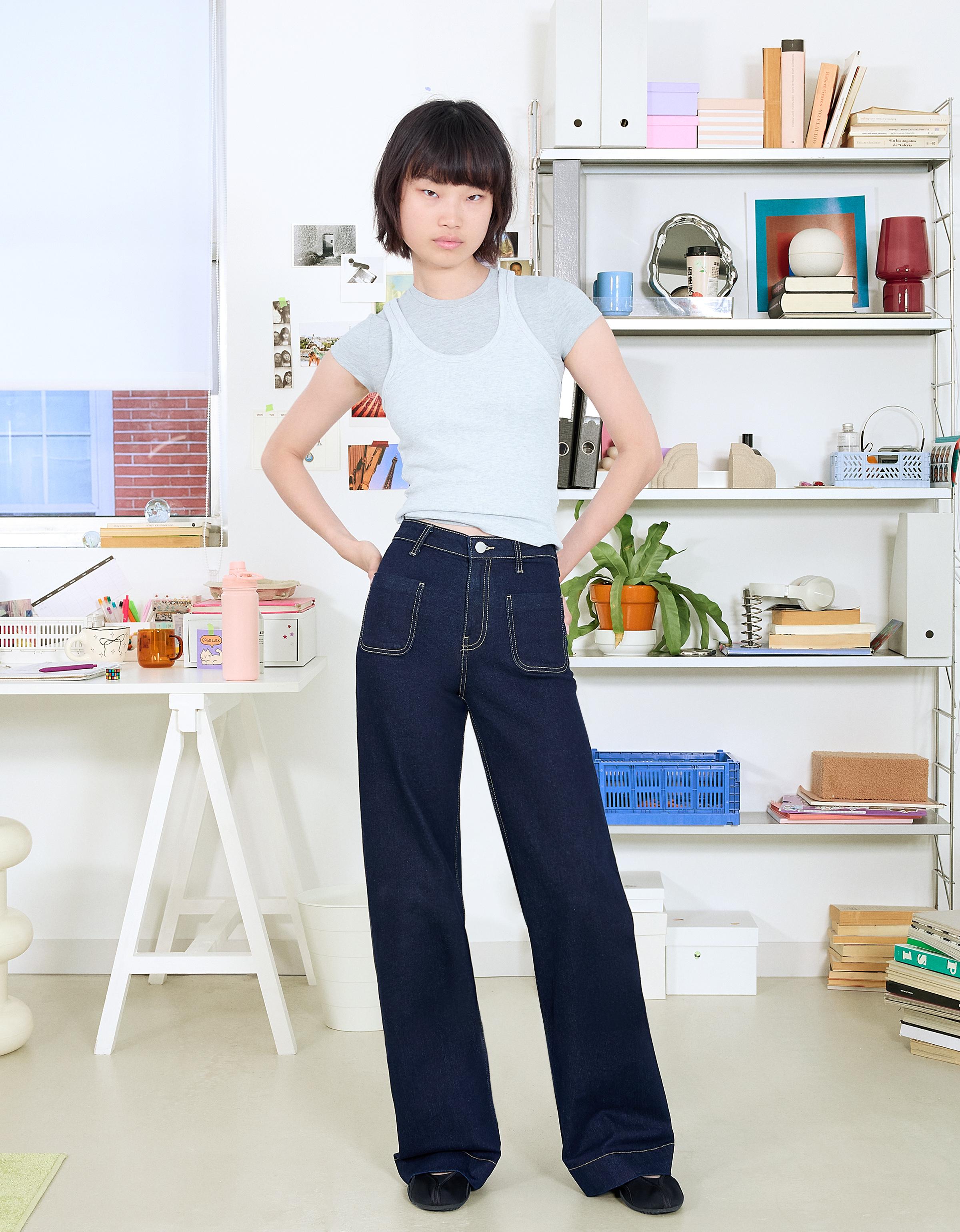 Yüksek bel dikişsiz cepli geniş paça jean - Görsel 34