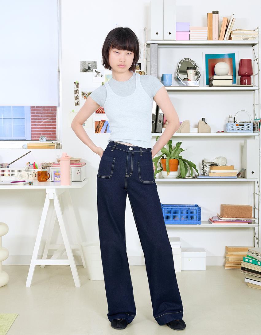 Seamless wide-leg jeans with pockets-Navy