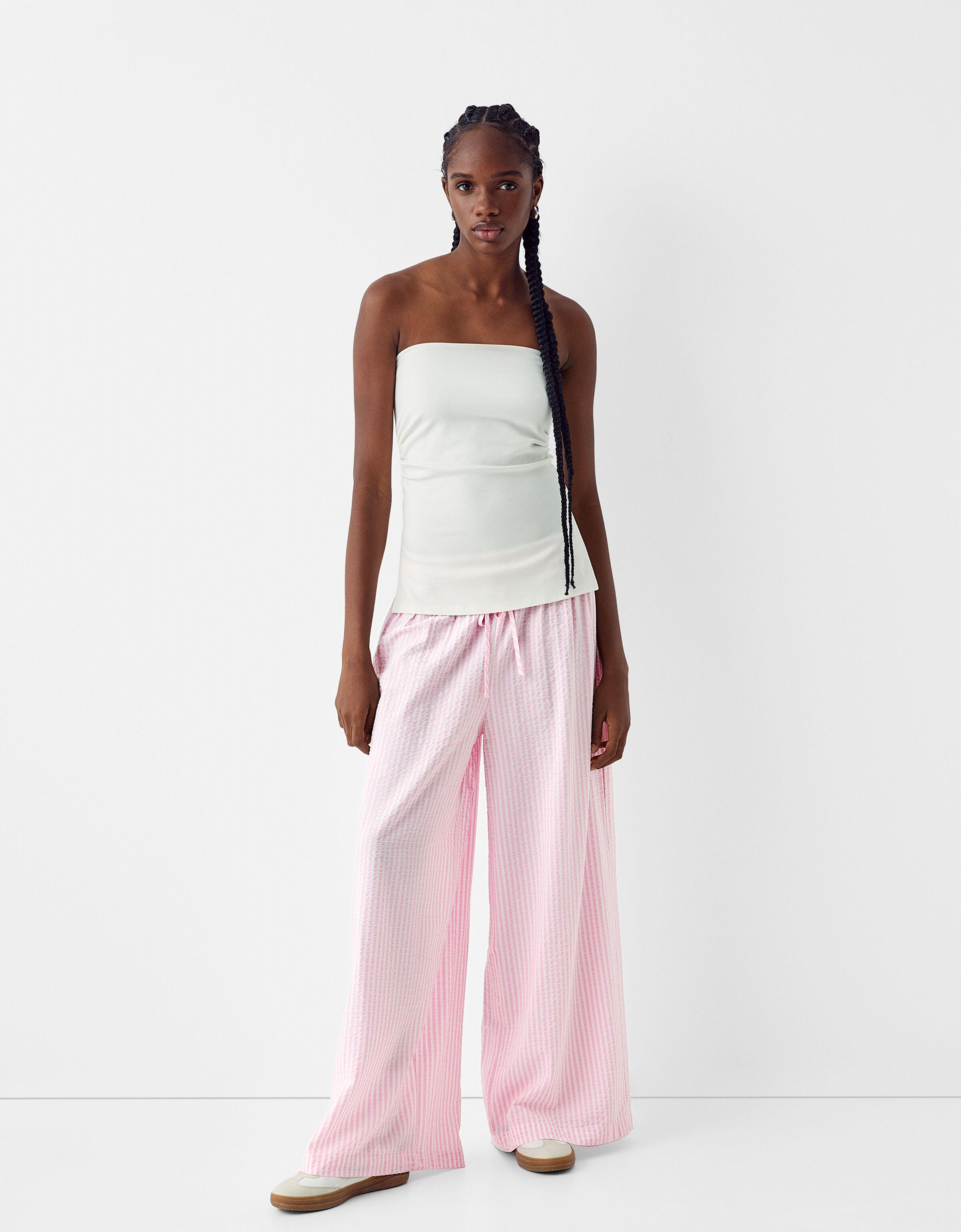 Pantalon wide leg effet froisse rayures Pantalons BSK Teen Bershka