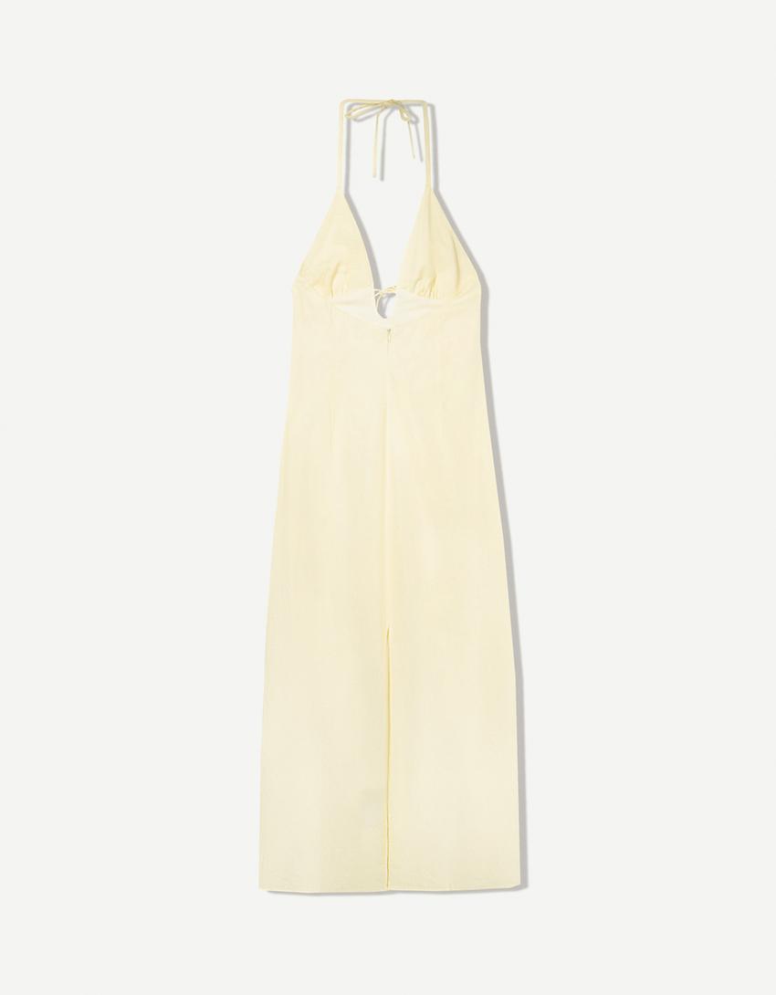 Halter midi-jurk van linnenmix met strik-Geel