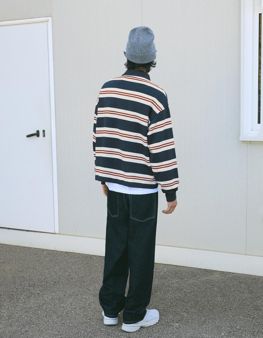 Striped plush polo shirt-Blue