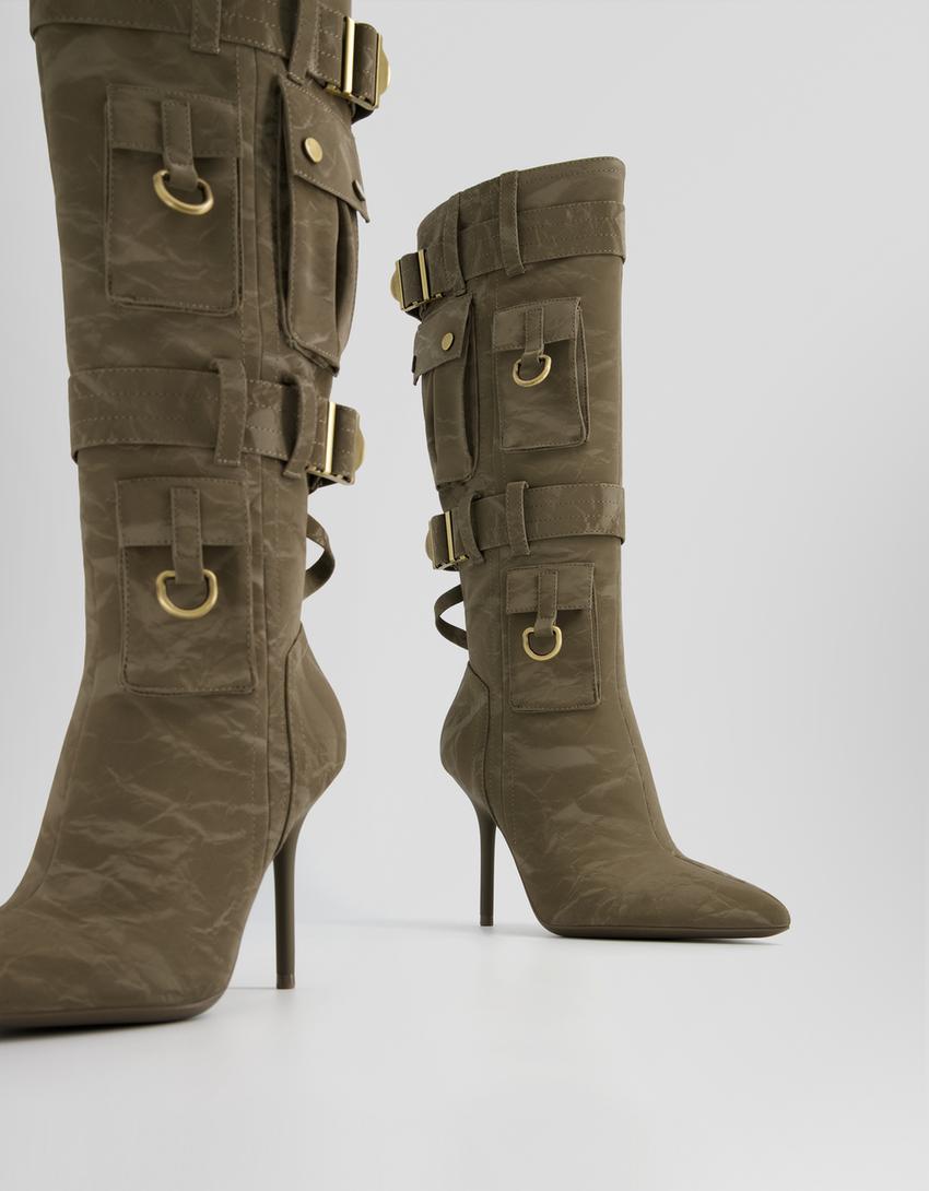 Multi-pocket high-heel boots with metal details-KHAKI
