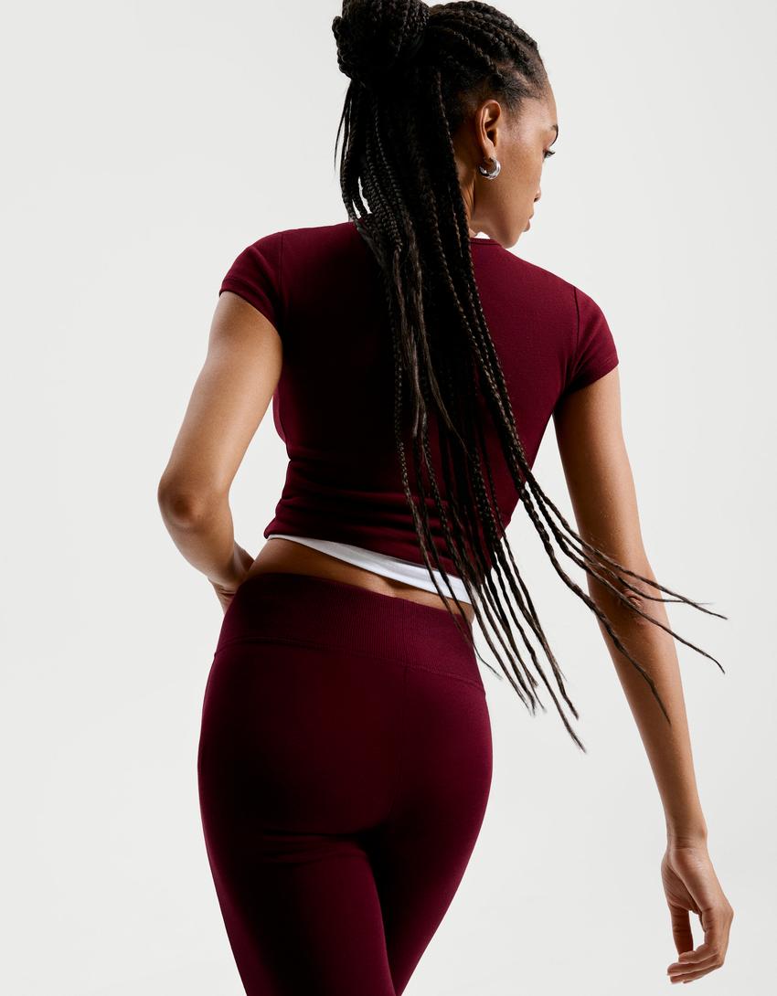 Flared broek met geribbelde taille-Bordeaux-2