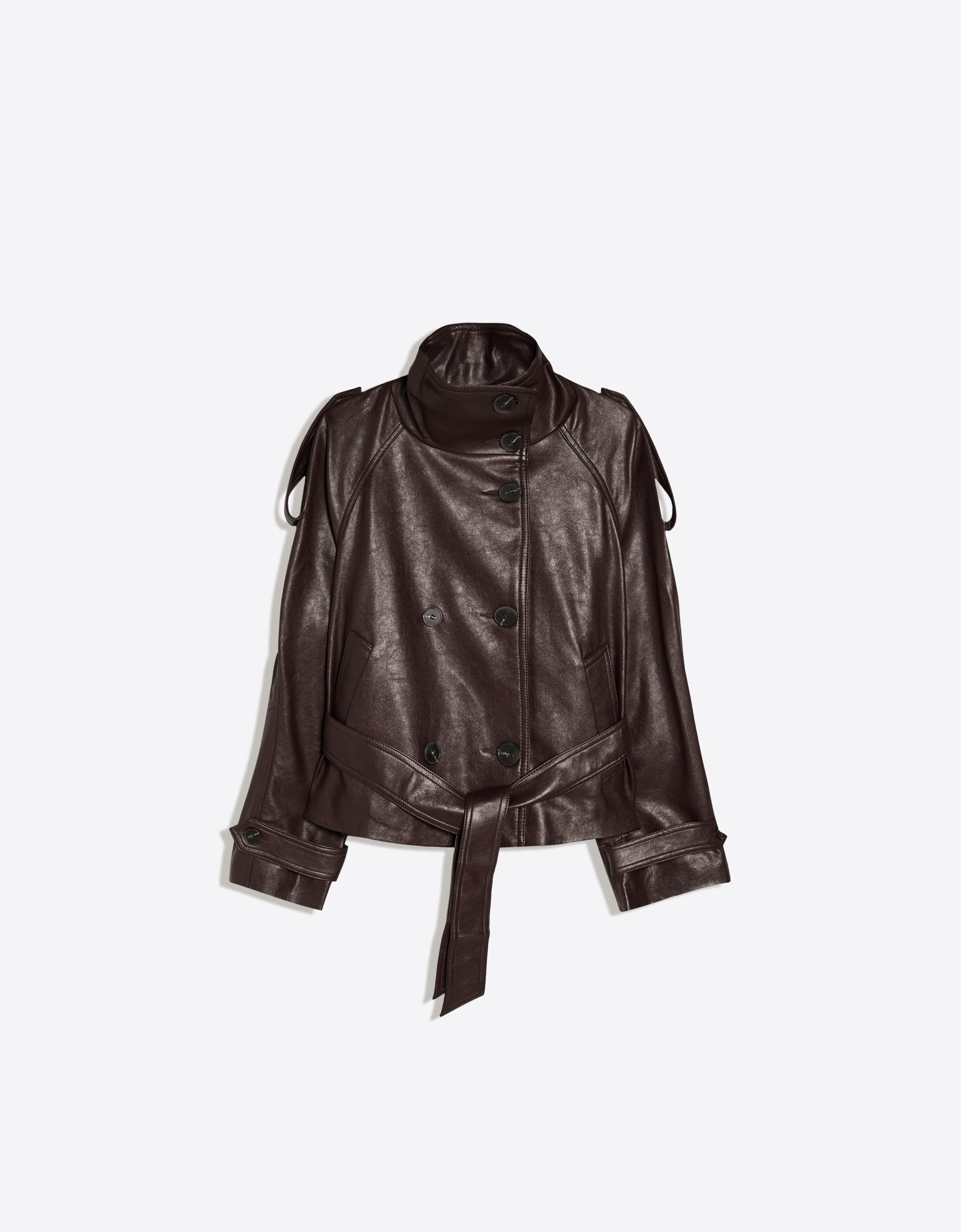 Short leather effect trench jacket — Brown