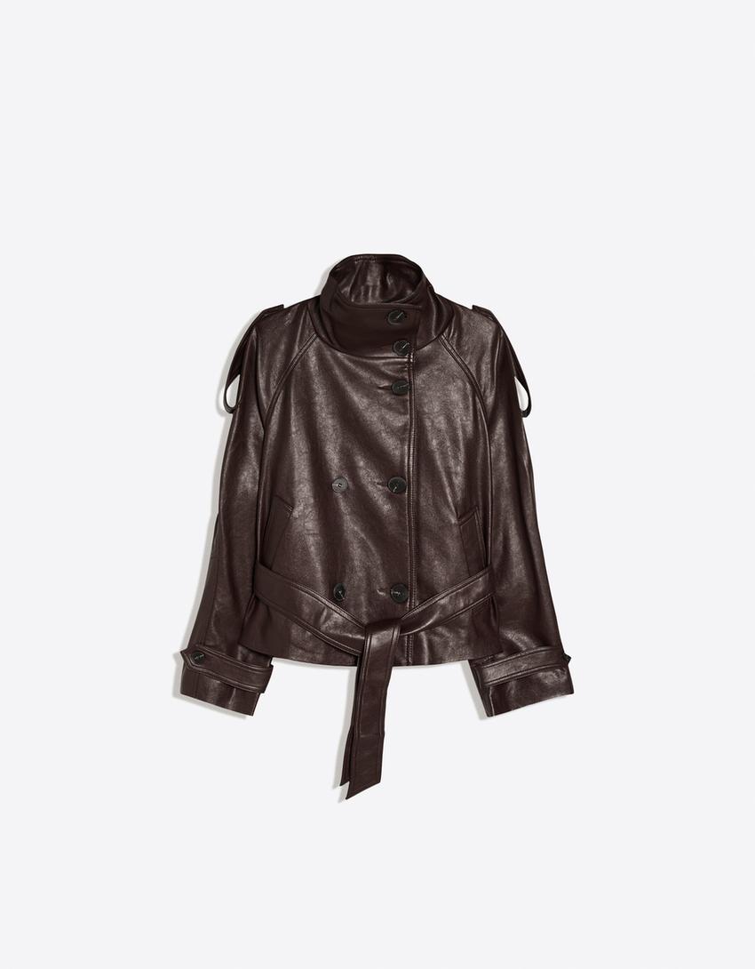 Cropped leather effect trench jacket-Brown