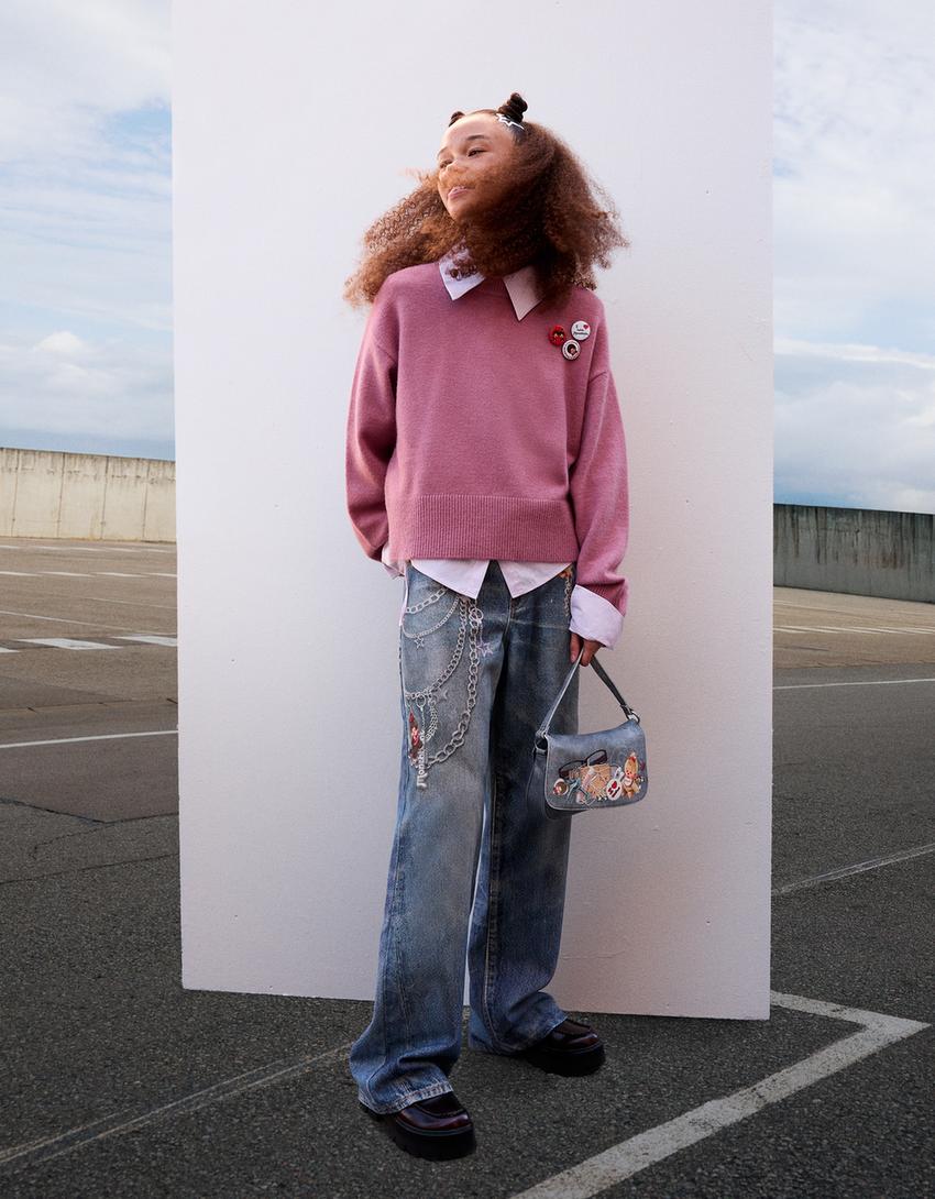 Baggyjeans med Monchhichi-tryck-Ljusblå