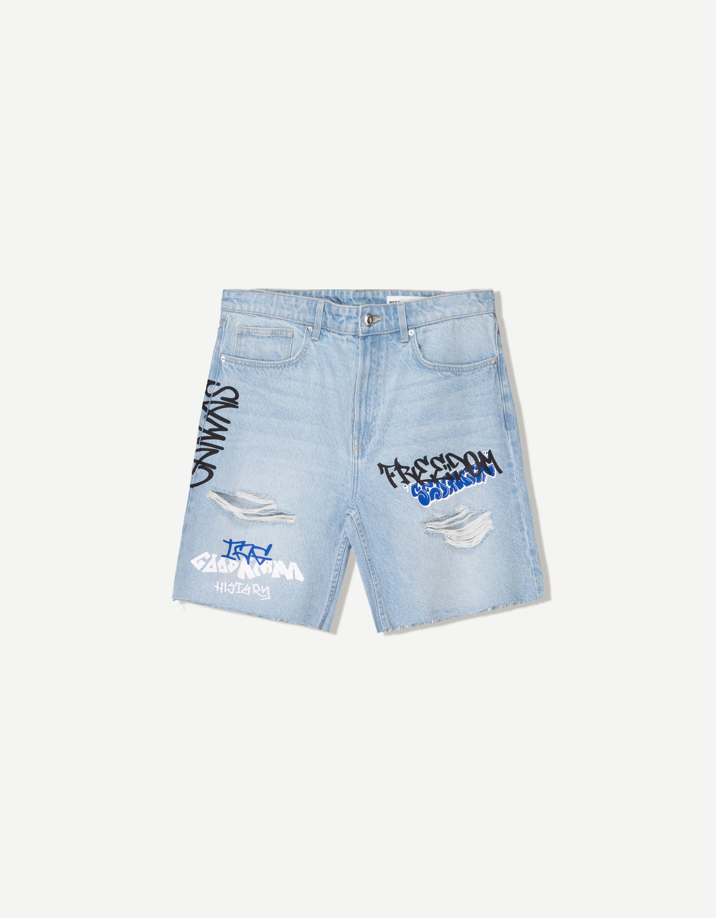 Bershka Denim-Bermudas Mit Print Herren 46 Ausgewaschenes Blau