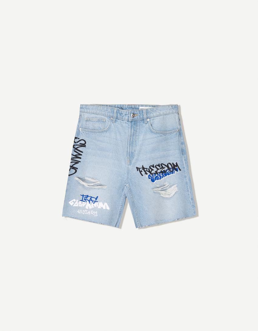 Printed denim Bermuda shorts-Light blue